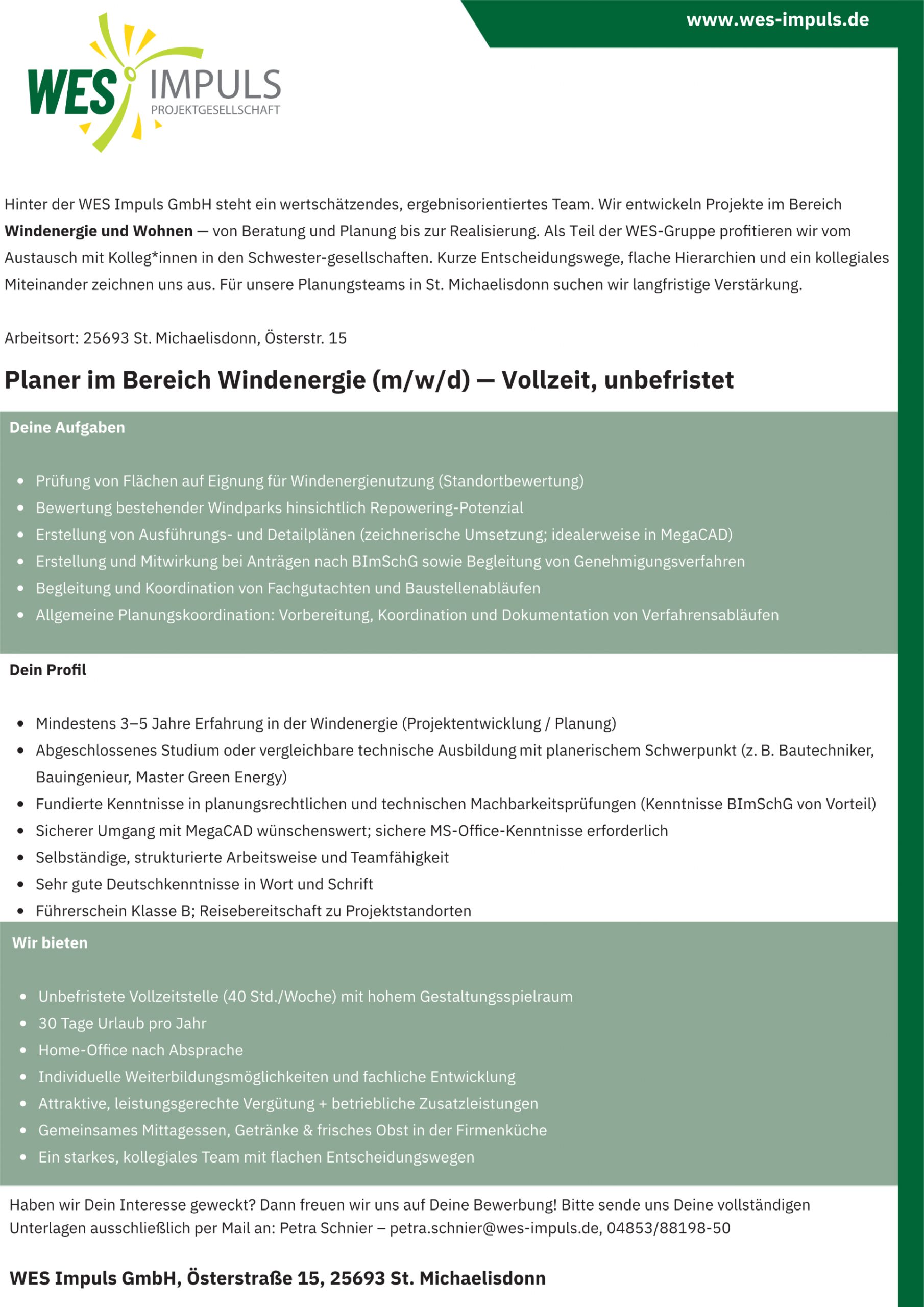 2025 WES Impuls Planer im Bereich Windenergie Vollzeitstelle Planer im Bereich Windenergie
